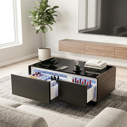 Smart Coffee Table with Fridge and Bluetooth Speakers, Smart Refrigerator Table with 15W Wireless Charger, Touch Control Panel, USB Port, Atmosphere Light and More, LT90 Pro-Brown
