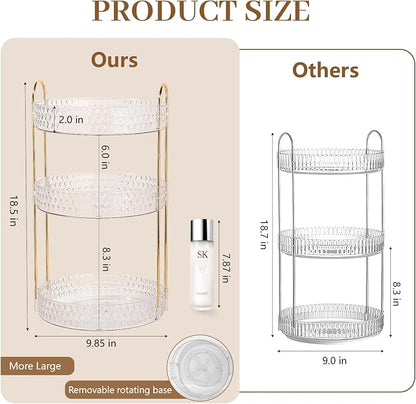 Rotating Makeup Organizer for Vanity, 3 Tier Perfume Skincare Storage for Women, Bathroom Counter Organizer, 360° Spinning Cosmetic Holder for Dresser Countertop, Clear