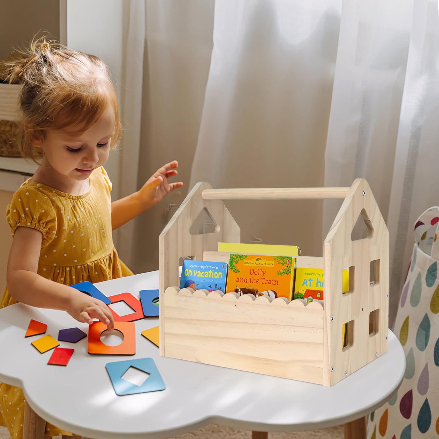 ElasignShopo Double-Sided Montessori Scalloped Bookshelf for 1-5 Years, Nursery Cute Storage for Books, House Shape Wooden Nursery Small Bookshelf, Room Furniture, Baby Bookcase 12 * 11.6 * 7.9"