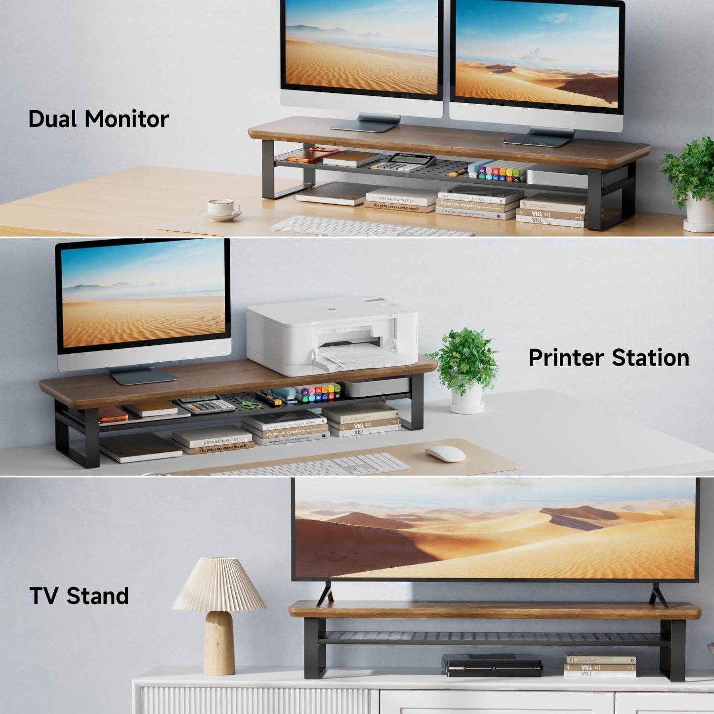 NestNeat Dual Monitor Stand, 35.4 Inch Monitor Stand Riser for 2 Monitors, 2 Tiers Wood Desk Shelf with Storage, Desktop Organizer Stand for Computer, Laptop, Printer, TV