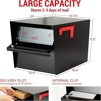 Large Locking Mailbox for Outside, RAINHOL All-Metal Modern Security Mailbox with 2 Keys, 21" x 11.2" x 10.5", Black