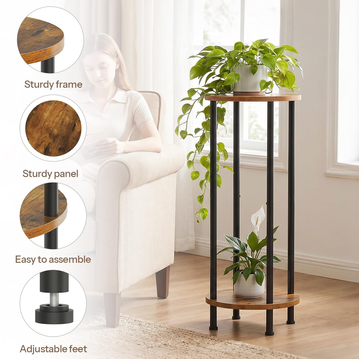 HOOBRO Plant Stand Indoor, 2 Tier 32.8" Tall Small Plant Shelf for Small Space, Round Potted Holder Rack, Modern Flower Stand for Living Room Balcony Garden, Rustic Brown and Black BF15HJ01