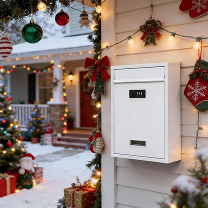 KYODOLED Locking Wall Mount Mailbox with Combination Lock, White | Heavy-Duty Steel, Secure Drop Box for Mail, Cash & Keys, Weather Resistant, Home, Office & School Use, 12.4 x 8.54 x 3.35 In