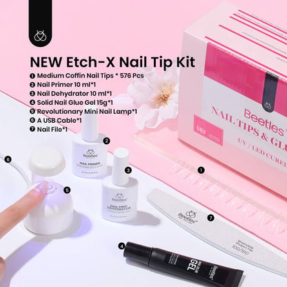Beetles Gel Nail Kit Short Almond with Nail Dehydrator and Primer, 576Pcs Half Matte Etch-X Gel Nail Tips Solid Nail Glue Mini Nail Lamp Acrylic Nail Tips Easy DIY Nail Extension Set Gift for Women