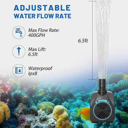 Knifel Submersible Pump 400GPH with AUTO-Shut-Off 6.5ft High Lift for Fountains, Hydroponics, Ponds, Aquariums & More