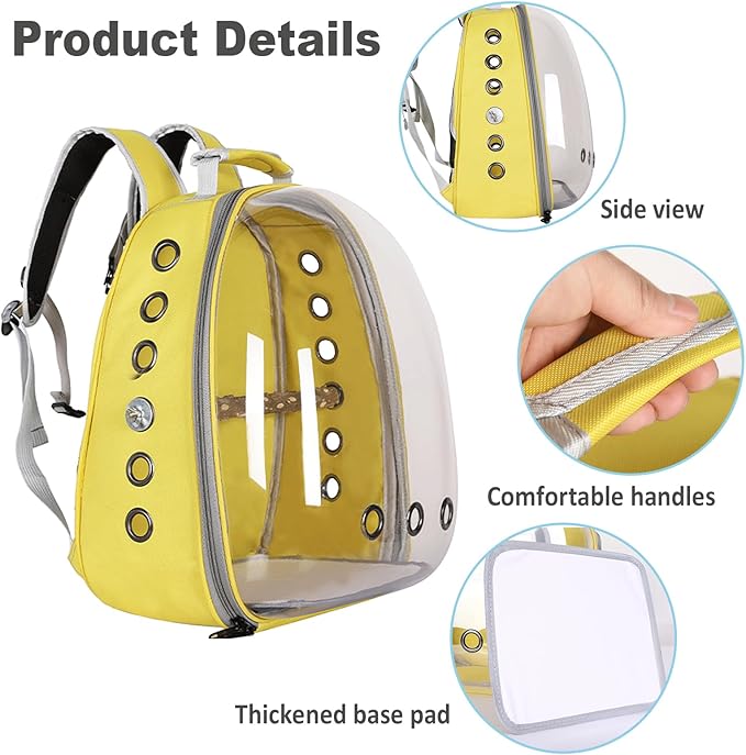 Bird Carrier Backpack with Wood Perch, Transparent Bird Travel Cage, Portable Pet Carrier Backpack, Breathable Hangbag for Vet Transport Camping Hiking (Yellow)