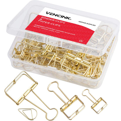18 Pcs Gold Wire Binder Clips and 20 Pcs Cute Paper Clips Set Assorted Sizes, 2 Big 6 Medium 10 Small Smooth Steel Hollow Office Clamp Clips