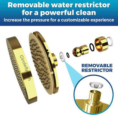 High Pressure Shower Head - Anti-Clogging Silicone Nozzles 2.5 GPM Removable Restrictor - Easy to Clean and Install - Includes Plumbers Tape - 6 inch - (Gold Finish 2.5GPM)