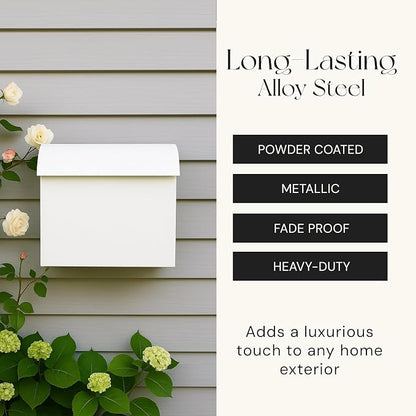 NACH Large Mailbox for House, 12.4”x7.1”x11.8 White Mailboxes for Outside, Waterproof Mailbox - Baxter-Style Wall Mount Mailboxes for Outside