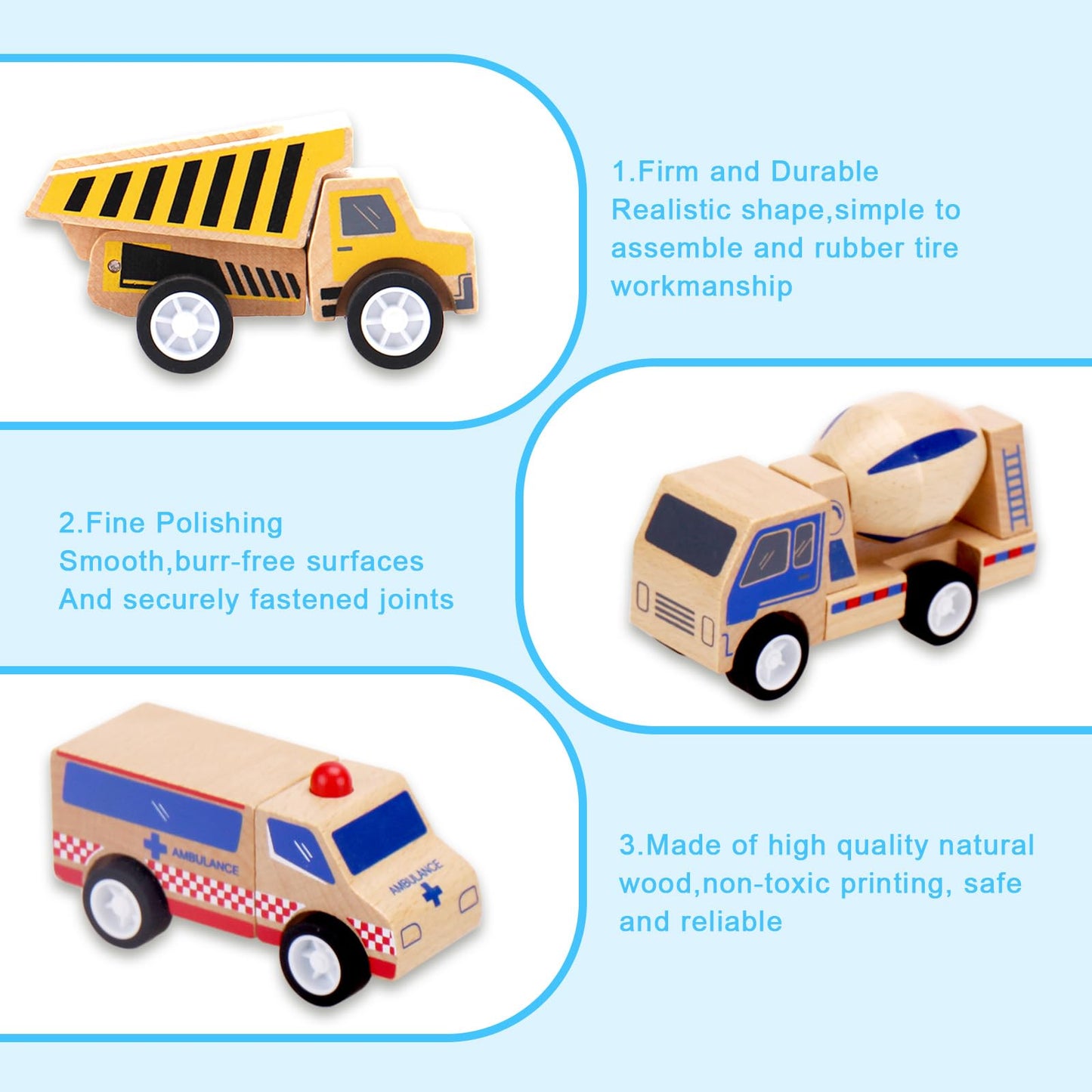 Udeas 5Pcs Premium Wooden Vehicle Toys for Toddlers 1-3 - Police Car, Garbage Truck, Dump Truck, Helicopter & Ambulance | Certified Safe, Montessori Toys, Push and Go Cars for 1+ Year Old Kids