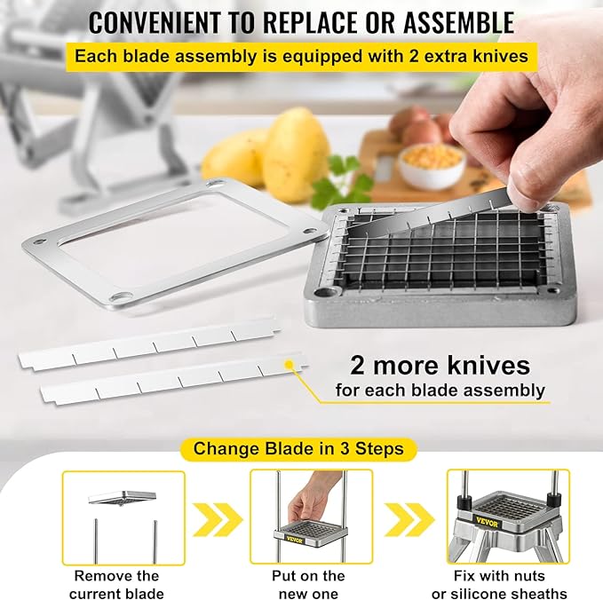 VEVOR Replacement Chopper Blade, 1/4 inch, 3 PCS French Fry Blade Assembly with 6 Extra Knives, Stainless Steel Dicer Parts and Push Block for Cutting Potatoes Carrots Onions Cucumbers Mushrooms