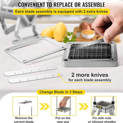 VEVOR Replacement Chopper Blade, 1/4 inch, 3 PCS French Fry Blade Assembly with 6 Extra Knives, Stainless Steel Dicer Parts and Push Block for Cutting Potatoes Carrots Onions Cucumbers Mushrooms
