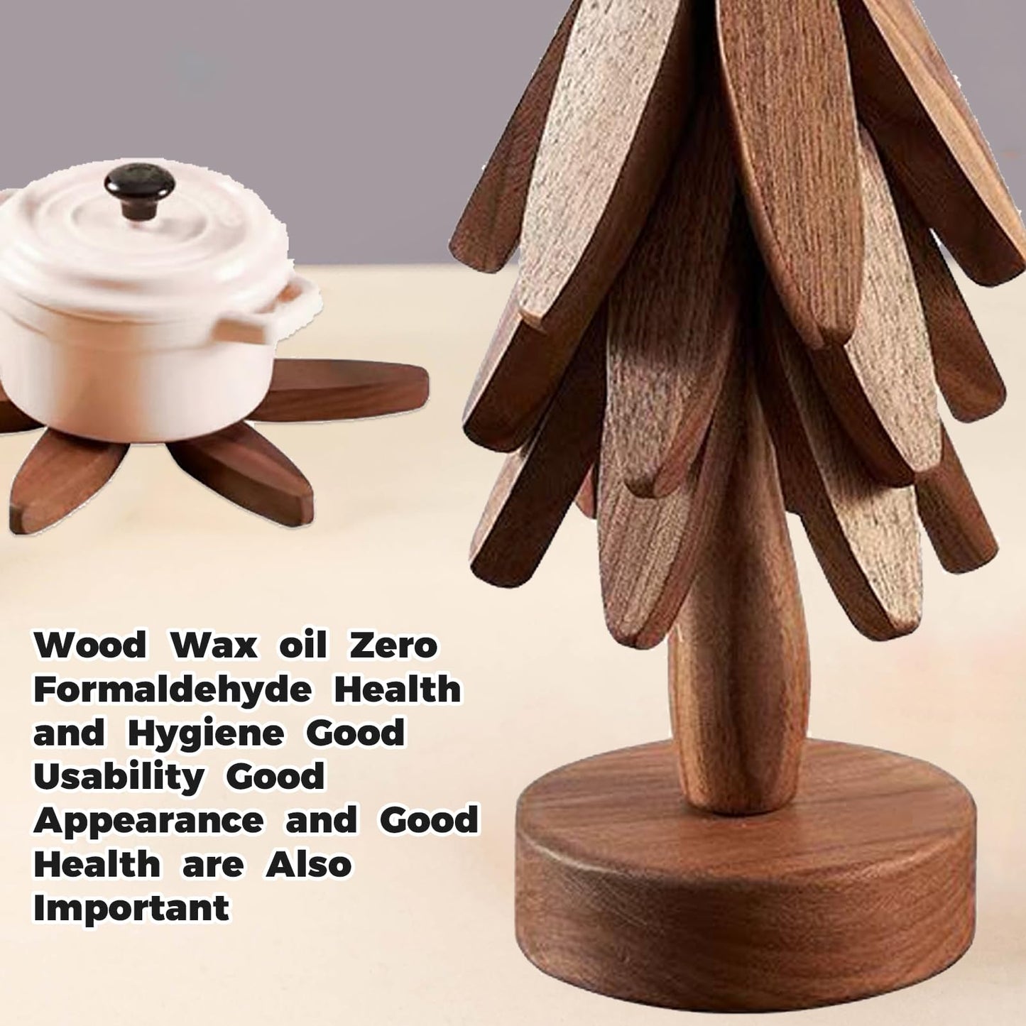 Wooden Tree Coasters, Trivets for Hot Dishes, Trivets for Hot Pots and Pans, Wooden Tree Trivet Set - 3 or 4 Wooden Trivet + 1 Stand, Christmas Coasters (Walnut,4pcs-A)