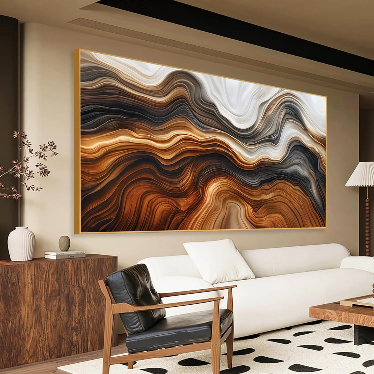 Wood Grain Canvas Wall Art, Tree Ring Canvas Wall Art, Wood Stump Picture Print, Stump Trunk Print Decor, Old Tree Trunk Painting, Modern Nature Decor for Living Room, Bedroom, Kitchen (Gold Framed, 70"x 35"| 180x90cm)