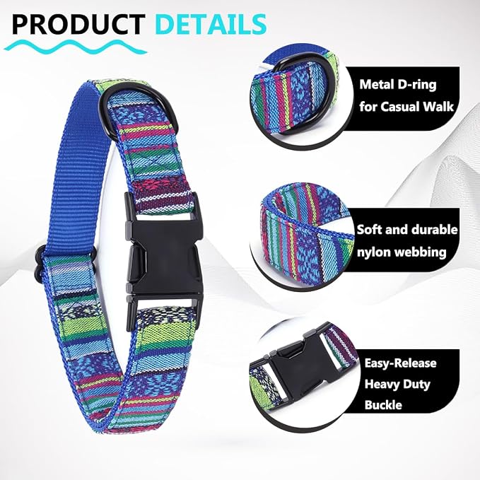Dog Collar and Leash Set for Dogs Walking Bohemia Ethnic Style | Soft Durable Nylon Adjustable Collar with Metal Buckle 5ft Matching Leash with Padded Handle for Small Medium Large Dogs