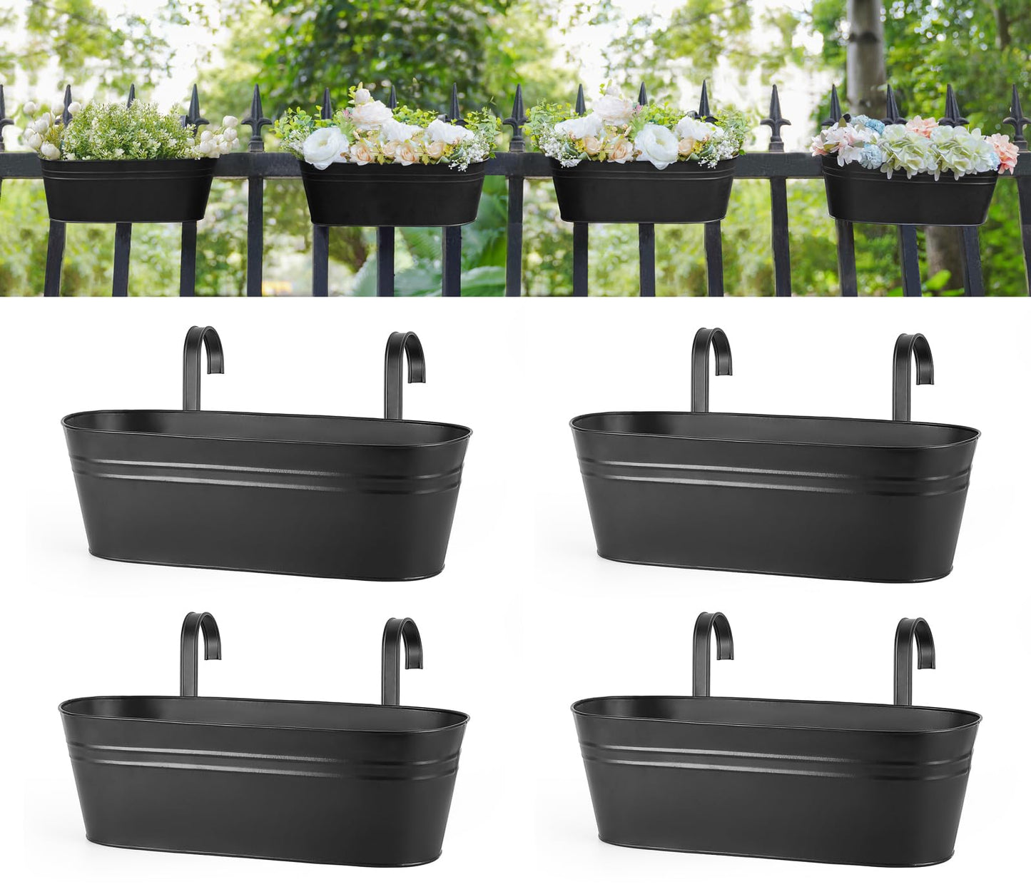 Dahey 4 Pcs Metal Hanging Flower Pots for Railing Fence Outdoor Planter 15.7 Inch Hanging Bucket Pots Countryside Window Flower Plant Holder with Detachable Hooks for Garden Yard Home Decor,Black