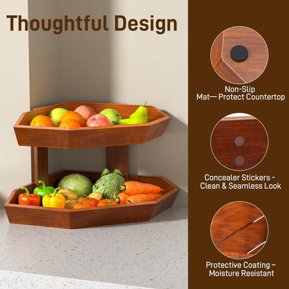 Tequie Wooden Fruit Basket for Kitchen Counter 2 Tier, Large Capacity Fruit Bowl for Corner, Space-Saving Fruit Stand Holder for Bread Fruit and Vegetable Storage Kitchen Countertop Organizer