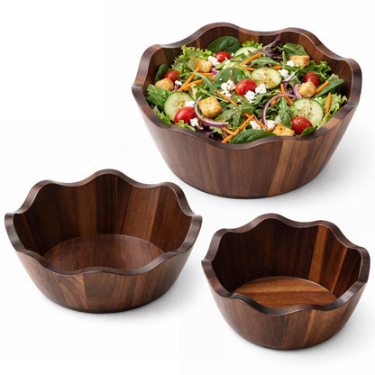 Hushee 3 Pcs Acacia Wooden Salad Bowls Set, 8/10/12 Inch Decorative Scalloped Salad Bowls, Large Wood Serving Mixing Bowl for Fruit, Pasta, Snacks, Weddings, Natural Housewarmings Gifts