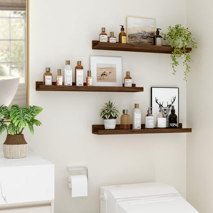 Feihorrm Floating Shelves for Wall, 24 inch Wood Floating Shelves Set of 2, Picture Ledge Shelf for Books Photo Frames, Wall Mounted Shelves for Bathroom Bedroom Living Room Kitchen, Walnut