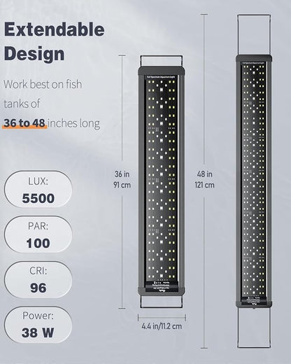 Pawfly 38 W Aquarium LED Light for 36" to 48" Tanks 24/7 Extendable Fish Tank with Full Spectrum IP68 Waterproof Light with D/N Mode Single Color Effects Timer and Adjustable Brightness