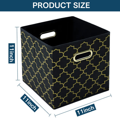 Yunkeeper Fabric storage bins Cubes, Fabric Cube Organizer with Handle, Foldable Cube Bins for Cloth or Accessary Storage, 11x11x11, Set of 3, (Black Gold)