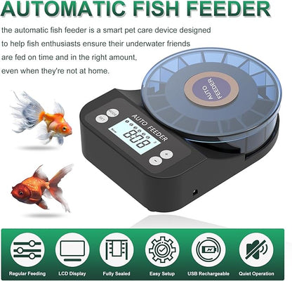 60ml Automatic Fish Feeder, USB Rechargeable Auto Fish Food Dispenser with Timer, LCD Display, Auto Vacation Timer