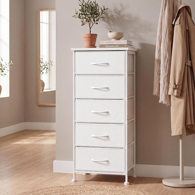 Fixwal White Tall Skinny Dresser for Bedroom, Narrow Storage Dresser Organizer with 5 Fabric Drawers, Nightstand Furniture in Closet, Entryway, Hallway