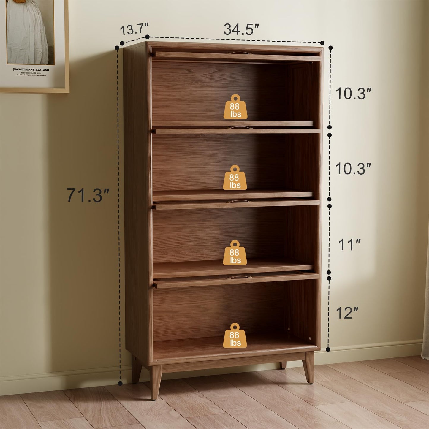 Solid Wood 4 Tier Bookcase with Tempered Glass Doors, Elegant Wooden Book Shelf with Doors 60H/32w/14 inch Log Khaki, Luxury Antique Bookcase Artwork Book Shelves/case for Home Office