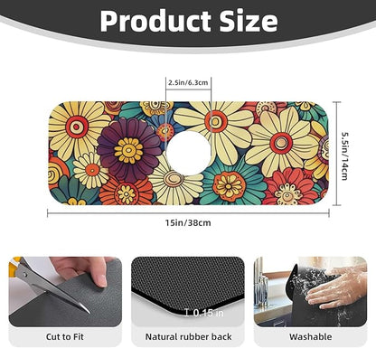 Kitchen Faucet Mat 15 x 5.5 Inch Abstract retro flower Faucet Draining Mat