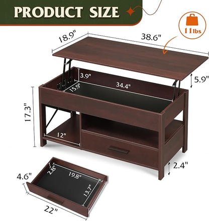WLIVE Coffee Table, 39" Lift Top Coffee Table with Hidden Compartment, Storage Drawers and Storage Shelf for Living Room, Reception Room, Espresso
