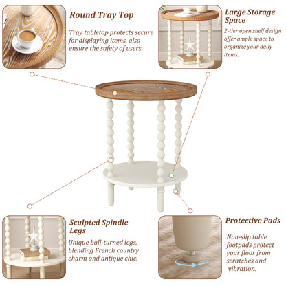 Function Home Round End Table, Farmhouse Side Table with Storage Shelf, 2 Tier Wooden Nightstand, 19.2” Accent Table for Living Room Bedroom Small Space, Natural Tray Top and Vintage White Spindle Leg