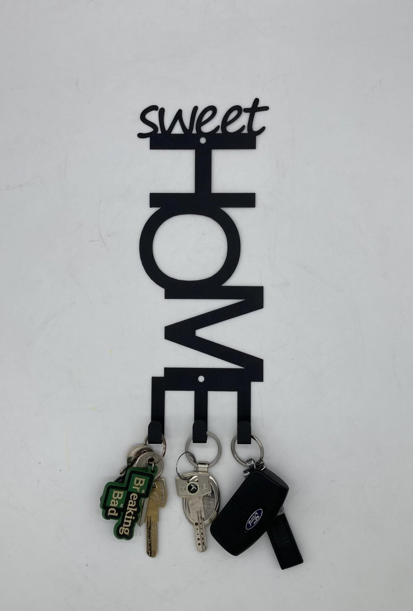 Sweet Home Wall Key Holder with 3 Hooks, Black Metal Decorative Key Hanger, 2 Installation Options