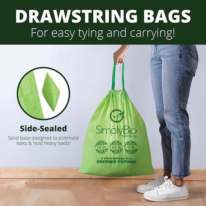 Simply Bio 13 Gallon Compostable Trash Bags Liners Drawstring, Heavy Duty Extra