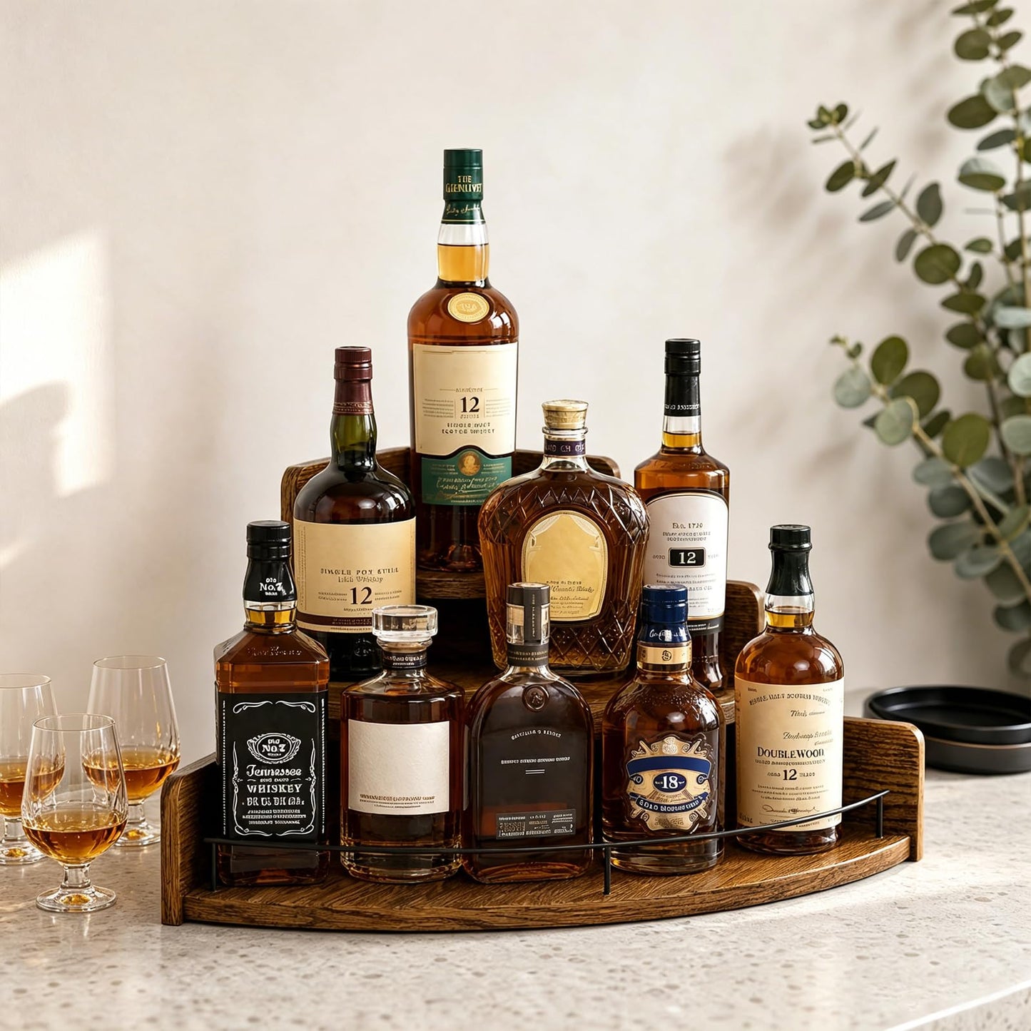 LOCPUFF Liquor Bottle Display Shelf, Coffee Syrup Organizer, 3 Step Wood Wine Racks Countertop, Mini Bar, Corner Wine Holder, Retro Liquor Cabinet for Liquor Whiskey, Coffee Syrup(Brown)