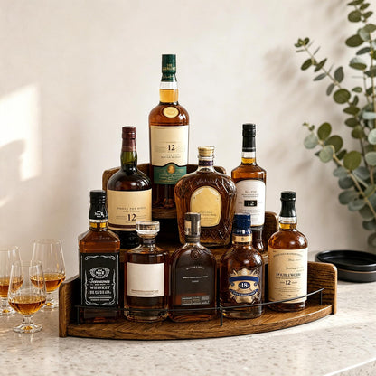 LOCPUFF Liquor Bottle Display Shelf, Coffee Syrup Organizer, 3 Step Wood Wine Racks Countertop, Mini Bar, Corner Wine Holder, Retro Liquor Cabinet for Liquor Whiskey, Coffee Syrup(Brown)