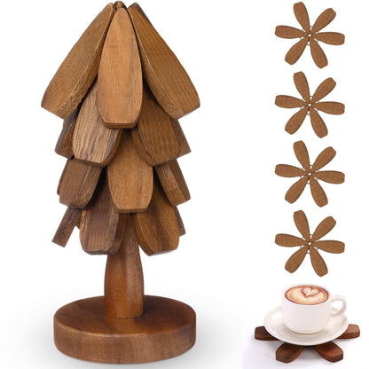 Wooden Christmas Tree Coaster Trivets Wood Trivets Set for Hot Dishes Set of 4 Christmas Tree Shape Foldable Wooden Coaster and 1 Stand Natural Trivet for Cups Plates Bowls Pots(Black Walnut Color)