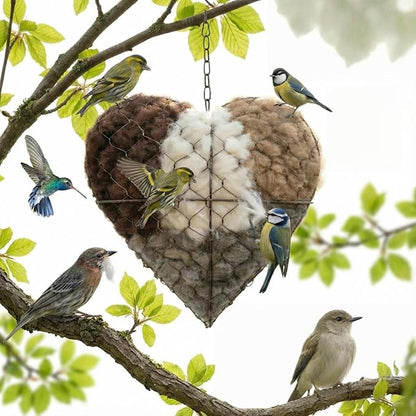 Heart-Shaped Bird Nesting Material Holder, Wire Mesh Feeder with Cotton Fill, Hanging Chain, Garden Decor (2)