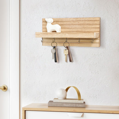 Lwenki Decorative Key Holder for Wall with Shelf, Entryway Shelf with Hooks Holds Leashes, Jackets and Glasses – Sturdy Wood Keyholder Entrance Hanger with Mounting Hardware (Wood, Medium)