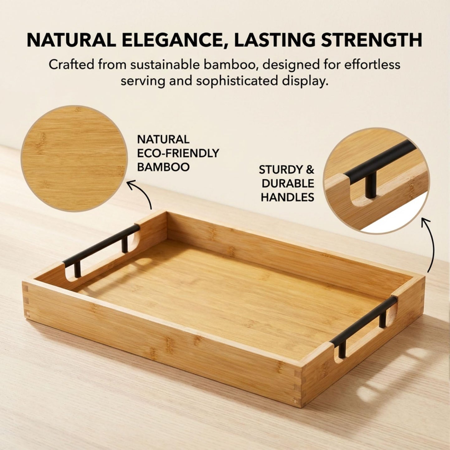 Krismax Wooden Serving Tray with Handles, Serving Platter 15.7x11.4 Inch Food Drinks Tray for Coffee Table,Decorative Storage Tray for Entertaining, Breakfast Tray in Bed,Lunch,Dinner,BBQ(Bamboo)