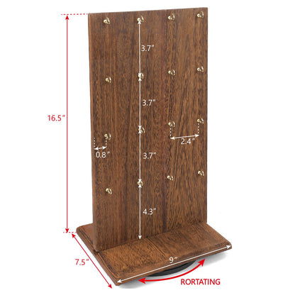 Ikee Design Wooden Rotating Two-Sided Jewelry Display Stand, Rotating Organizer with 32 Hooks for Store, Earring Keychain Display with Hooks, Brown color, 9 W x 7.5 D x 16.5 H in