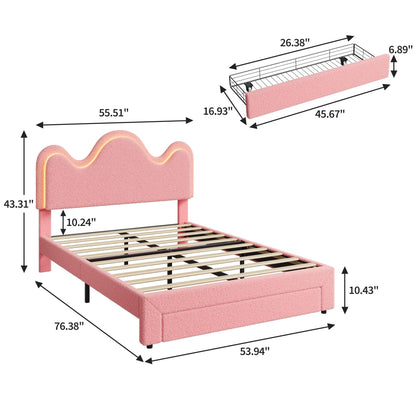 Garvee Full LED Bed Frame with Adjustable Wavy Headboard and Storage Drawer, Upholstered Princess Platform Bed for Kids, Lamb Fleece Fabric, Wooden Slats Support, No Box Spring Needed, Pink