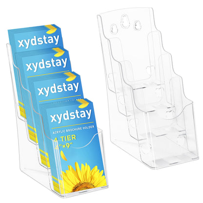 xydstay Acrylic Brochure Holder 4 x 9 Inches, 4 Tier Magazine Holder Brochure Display Stand, Clear Pamphlet Flyer Holder, Literature Booklet Holder for Countertop or Wall Mount Use, 2 Pack