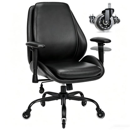 BEWISHOME Office Chair with Rubber Wheels, Big and Tall Office Chair, Ergonomic Office Chairs, Executive Desk Chair, Black PU Leather Computer Comfy Chairs with Lumbar Support, Adjustable Armrests