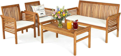 Tangkula 4 Piece Outdoor Acacia Wood Sofa Set with Water Resistant Cushions, Padded Patio Conversation Table Chair Set w/Coffee Table for Garden, Backyard, Poolside (1)