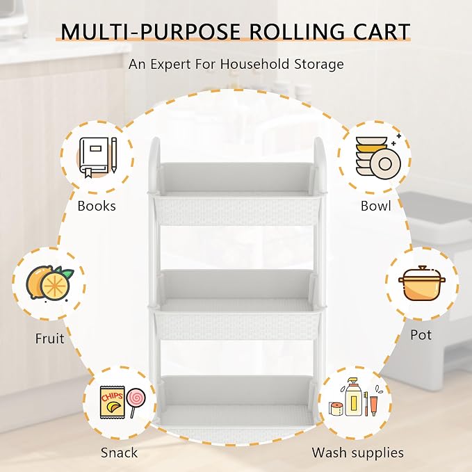 MOYIPIN 4-Tier Plastic Rolling Utility Cart with Handle,Utility Storage Cart for Office, Living Room, Kitchen,Movable Storage Organizer Shelves,White