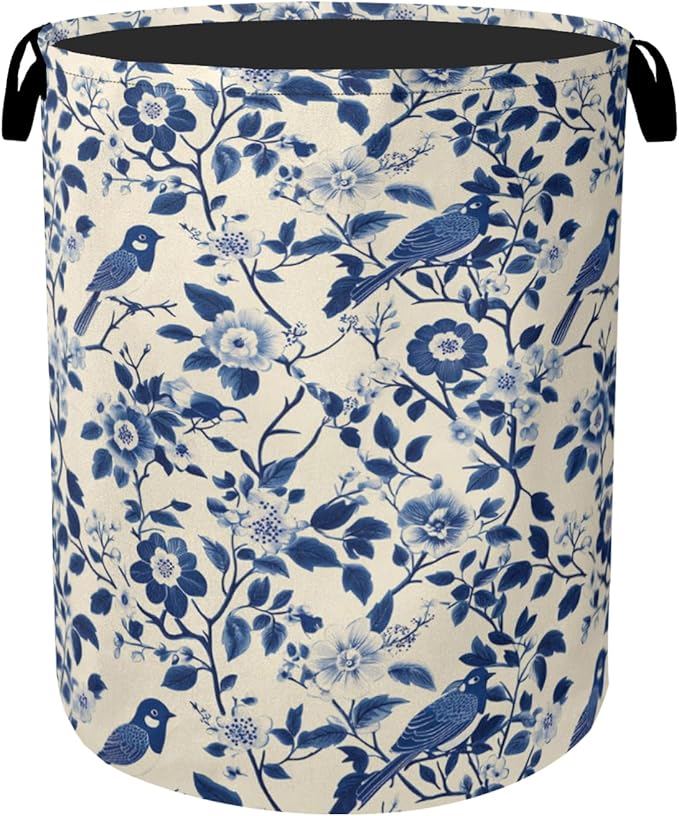 Navy Blue Beige Birds Laundry Basket