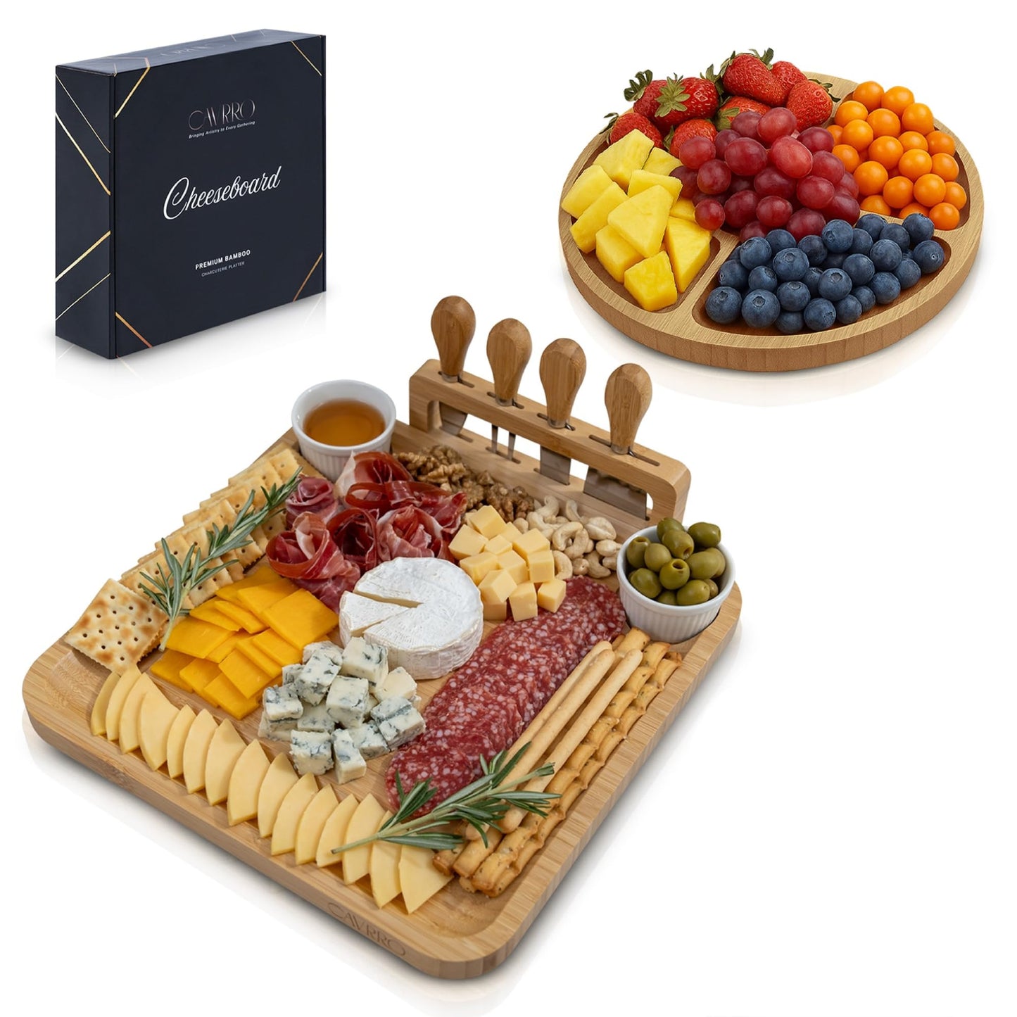 Charcuterie Board Set Bamboo with Cheese Knives and Bowls, Large Wooden Serving Platter for Entertaining, Housewarming and Wedding Gift by Cavrro