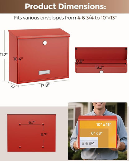 LAND·VOI Locking Wall-Mount Mailbox for Outside, with 4 Keys, Galvanized Steel Rustproof Metal Postbox, 4" Dx13.8 Wx11.2 H, Includes 3 Sets of Mailbox Numbers, Nameplate, Red