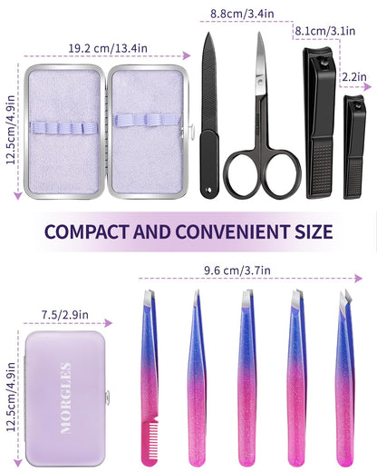 MORGLES Eyebrow Tweezers for Women and Nail Clipper Set with Travel Case Precision Tweezers for Facial & Ingrown Hair Removal with Scissors