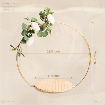 GENMOUS Wedding Cake Stand with Wood Stand Base, Gold 20" Round Arch Cake Stand Set, Metal Floral Hoop Centerpiece for Table, Large Cake Display Stand for Party, Events, Birthday Reception